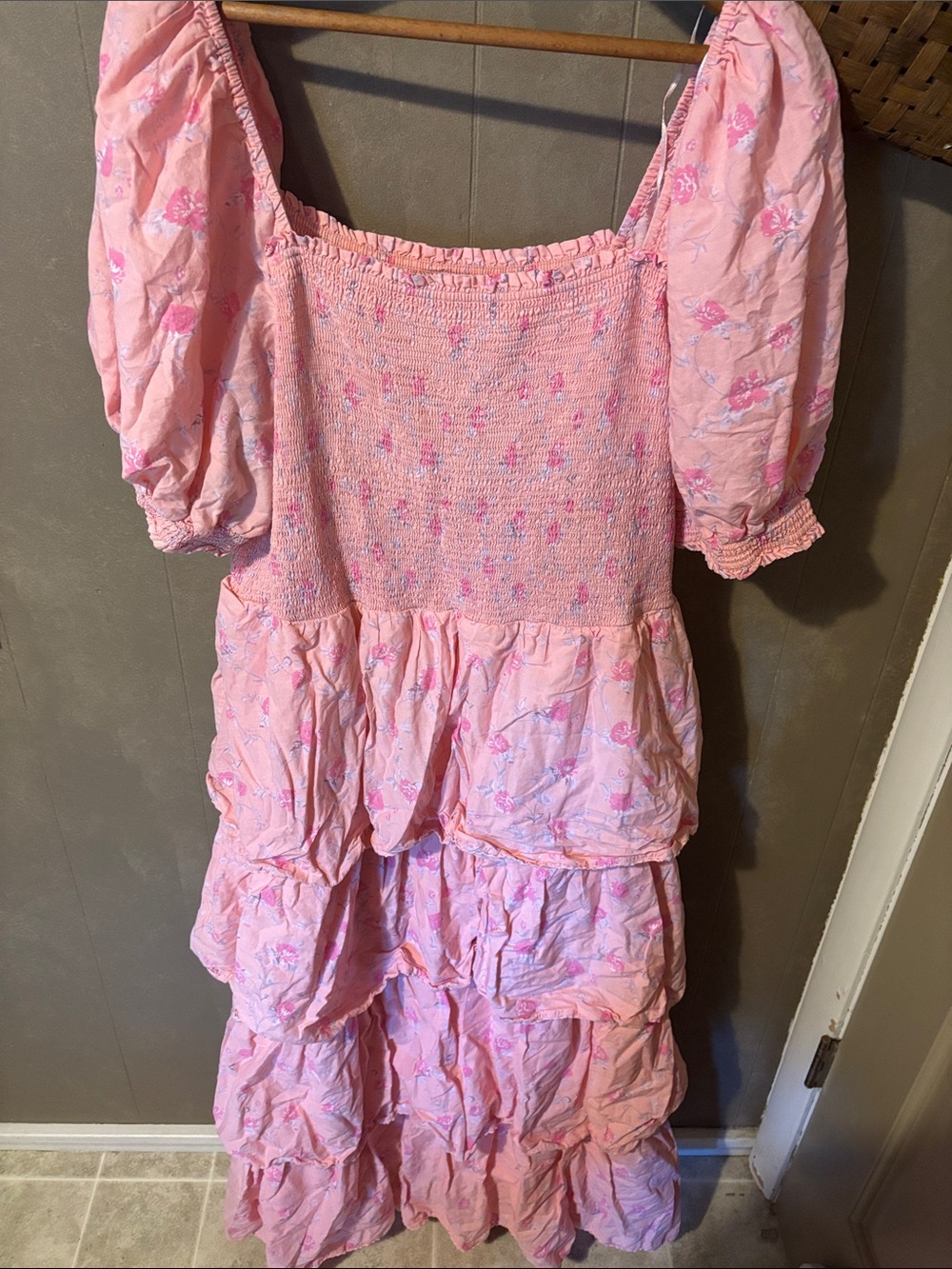 LoveShackFancy Pink Floral Tiered Puff-Sleeve Dress